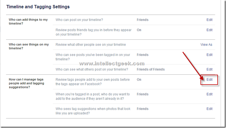 Edit Facebook Tagging Settings