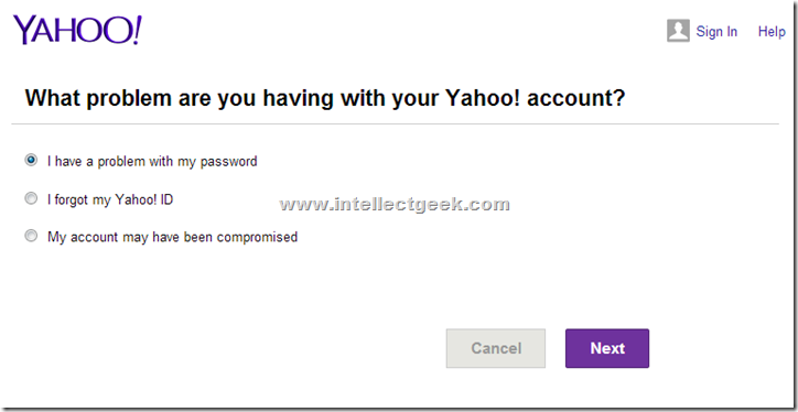 Yahoo Password Reset Screen